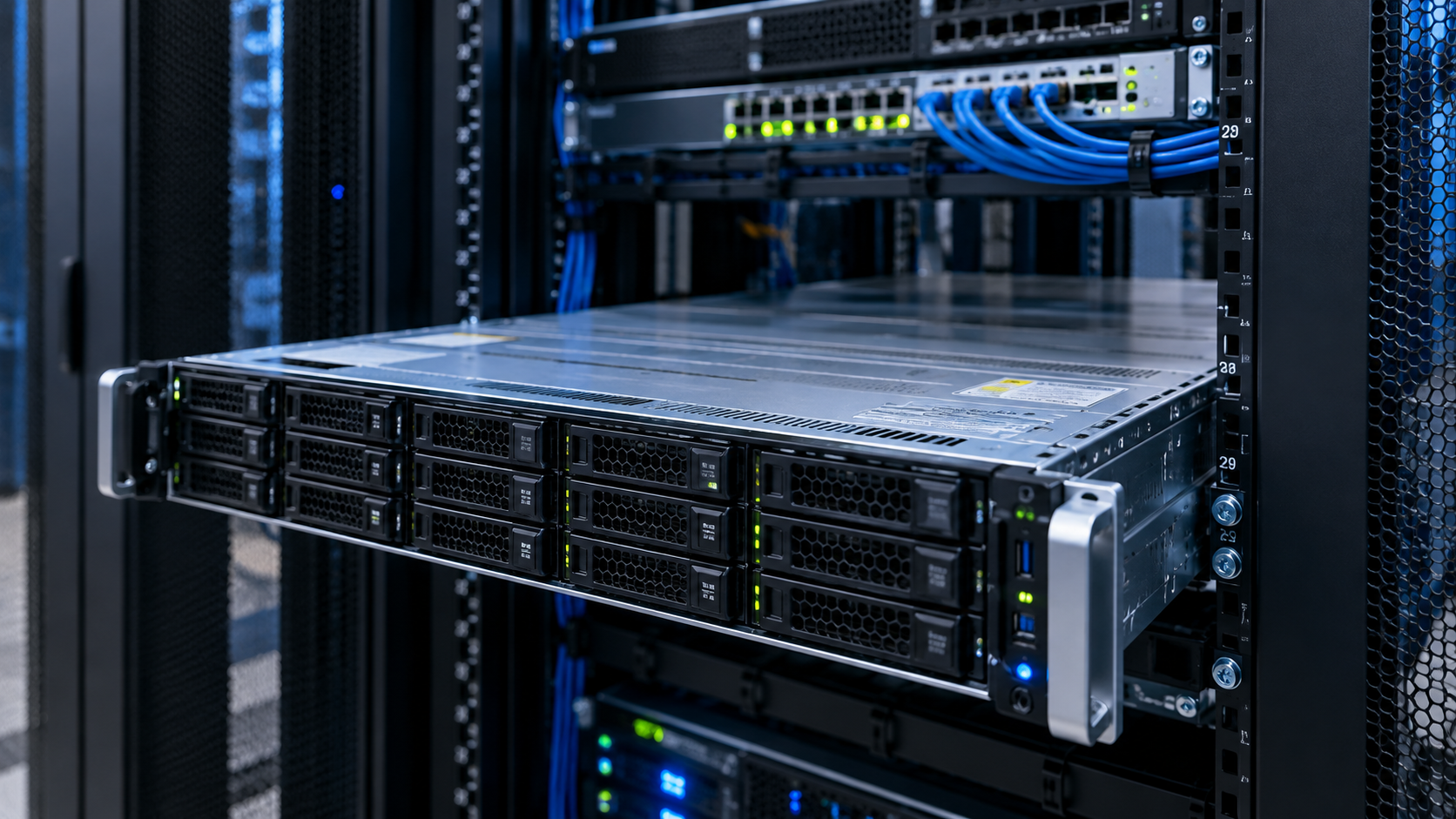 Servidor no Rack da Nuvexo Data Center